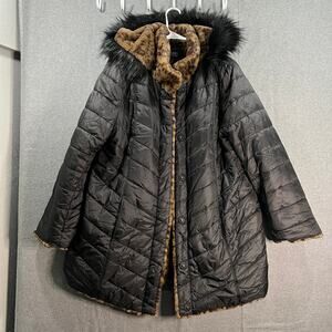 Dennis Basso Reversible Faux Fur to Water Resistant Coat Size L Cheetah Black